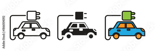 Electric car icon set featuring a sedan connected to a power plug, representing eco-friendly transportation, EV charging, and green energy.