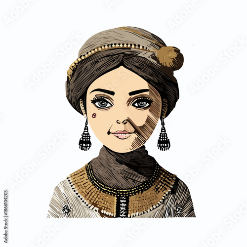 Portrait artistique de femme en costume traditionnel avec bijoux ethniques, style vintage, teintes bruns chauds, blanc cassé, beige, gris clair