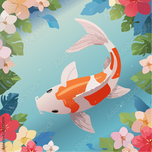 Carpe koi colorée nageant parmi des fleurs sur fond bleu