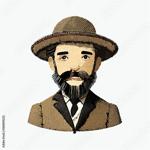 Portrait vintage d’homme barbu en costume et chapeau, teintes bruns chauds, beige, sépia, blanc cassé, gris