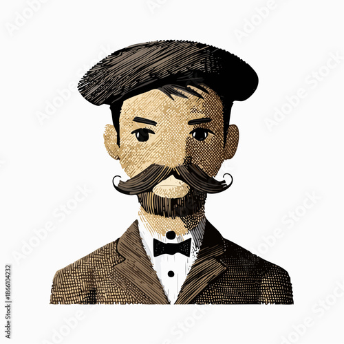 Portrait vintage d’homme barbu en costume et chapeau, teintes bruns chauds, beige, sépia, blanc cassé, gris