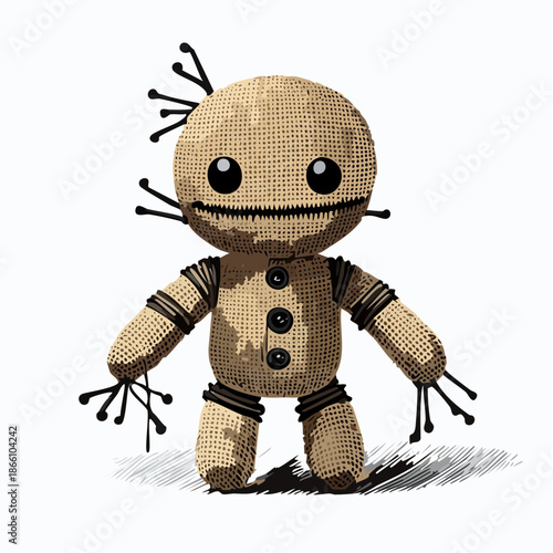 Poupée vaudou artisanale en toile de jute isolée sur fond blanc