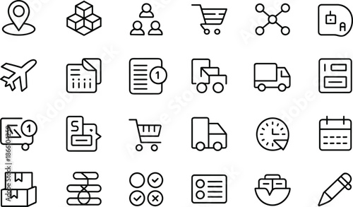 Logistics and supply chain line icons set featuring delivery shipping ecommerce transport workflow symbols for business management design