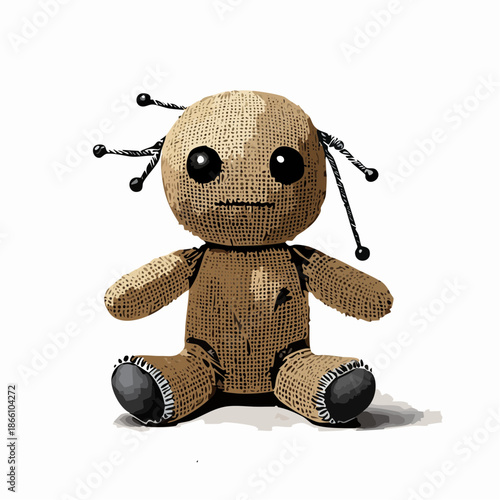 Poupée vaudou artisanale en toile de jute isolée sur fond blanc
