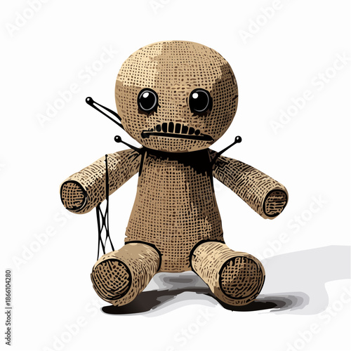 Poupée vaudou artisanale en toile de jute isolée sur fond blanc