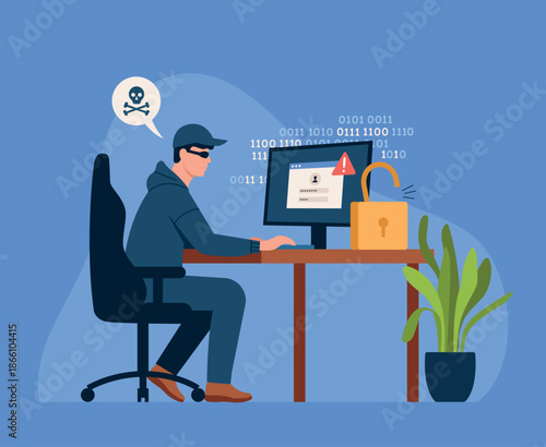Vector illustration of a malicious computer hacker. Cartoon scene of a cybercriminal in dark glasses sitting at a table with a computer, hacking a computer system, gaining access to personal data.