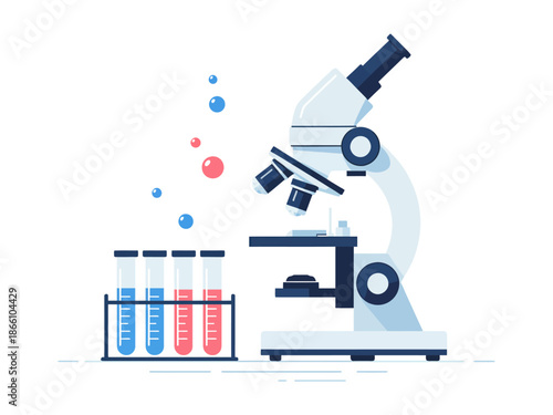 A microscope and test tubes in a laboratory setting with colorful bubbles rising from the tubes.