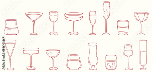 Hand drawn cocktail glasses line art set featuring a collection of elegant drinkware shapes. In crayon and sketch style., suitable for menus, branding, posters, wall art. Contour vector illustration.