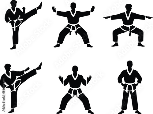 Martial arts karate silhouettes set showing kicking and defensive stances, traditional combat poses collection isolated on white background