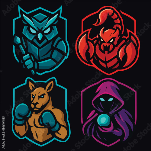 Fantasy Character Badge Logo Set with Neon Colors