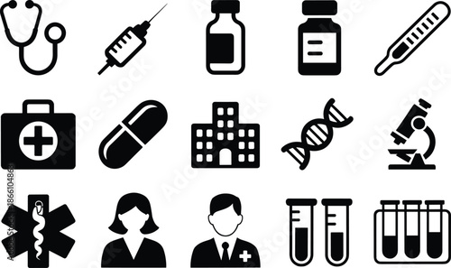 Medical healthcare icons set with syringe pills hospital doctor laboratory medicine equipment symbols vector illustration