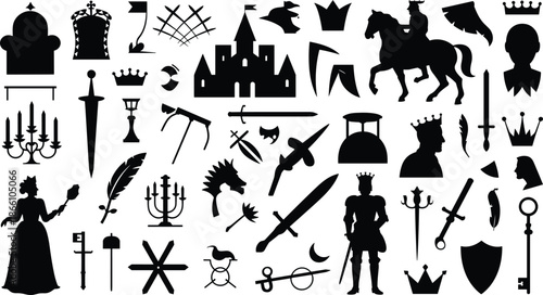 Medieval fantasy silhouettes collection featuring knights, castles, swords, crowns and royal symbols in black vector illustration icon set