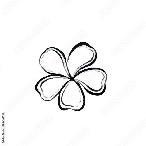 Vector line illustration of plumeria flower icon with simple petals, isolated on white background, tropical botanical graphic ideal for logos, prints, packaging, posters and modern design projects.