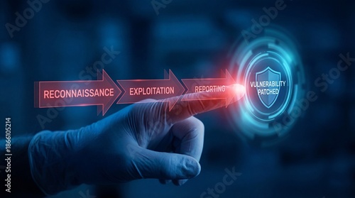 Cybersecurity concept with hand pointing to vulnerability patched shield