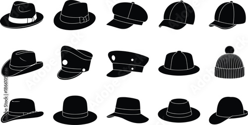 Men hats silhouettes collection featuring fedora, cap and vintage headwear styles, fashion accessories illustrated in clean black vector style