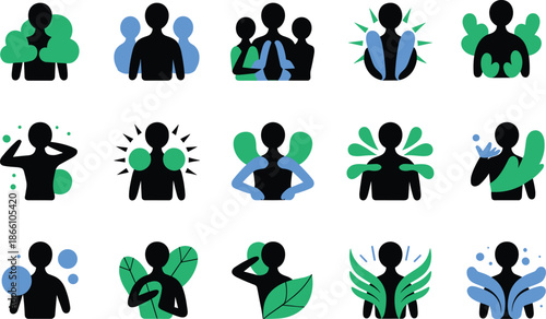 Mental health and wellness people icons set with abstract human figures, emotional support symbols, self care, balance, and wellbeing concepts
