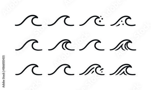 Nature wave linear icon set. featuring ocean, sea, splash, ripple, curl, surf, crest, foam, tide, and breaker symbols