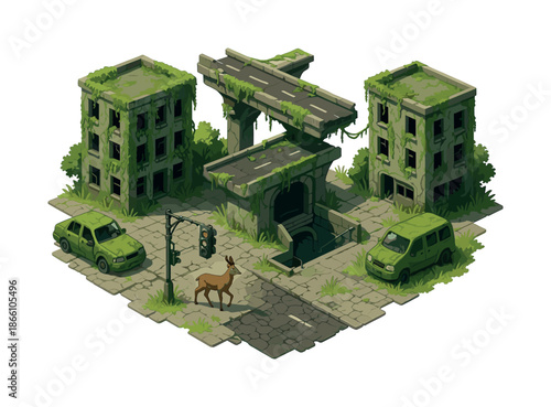 Post-apocalyptic cityscape flat icon set. featuring buildings, cars, deer, road, and nature symbols