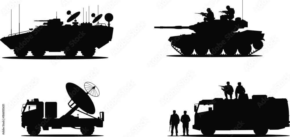 Obraz premium Military armored vehicles silhouettes set featuring tanks, radar trucks and troop carriers, modern army combat equipment collection isolated on white background