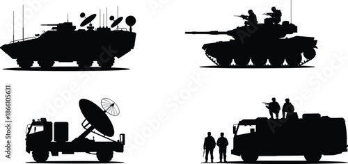 Military armored vehicles silhouettes set featuring tanks, radar trucks and troop carriers, modern army combat equipment collection isolated on white background