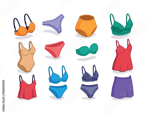 Lingerie and sleepwear flat icon set. featuring bra, panties, bodysuit, camisole, shorts, and bralette icons