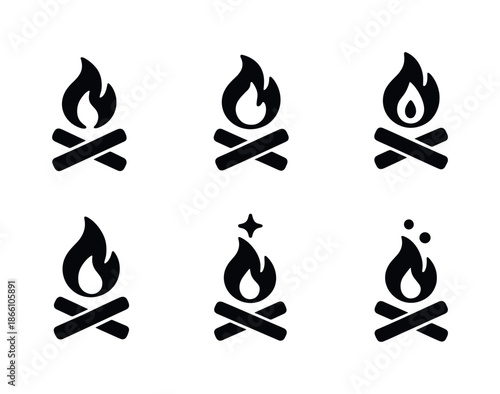 Camping silhouette icon set. featuring campfire, flame, bonfire, spark, and wood symbols