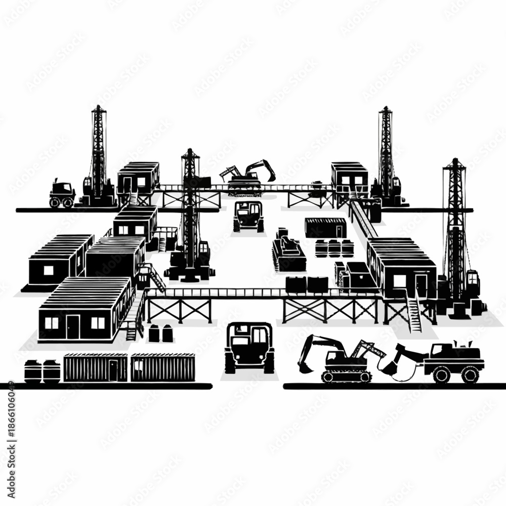 Obraz premium Industrial drilling site with heavy machinery and complex infrastructure.