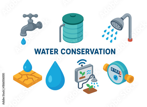 Water conservation flat icon set. featuring tap, water tank, shower, drought, droplet, irrigation, and water meter symbols
