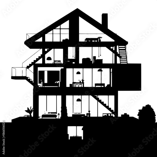 Black silhouette illustration of a modern house interior, featuring multiple floors with sleek staircases, and various rooms including a spacious living area, a kitchen with minimalist furnishings, an