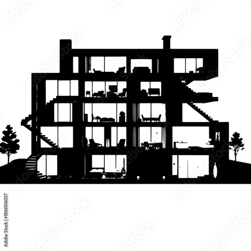 Black silhouette illustration of a modern house interior, featuring multiple floors with sleek staircases, and various rooms including a spacious living area, a kitchen with minimalist furnishings, an