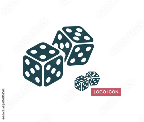 A graphic illustration of three large dice and two small dice with a logo icon on a white background