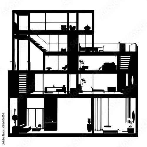 Black silhouette illustration of a modern house interior, featuring multiple floors with sleek staircases, and various rooms including a spacious living area, a kitchen with minimalist furnishings, an