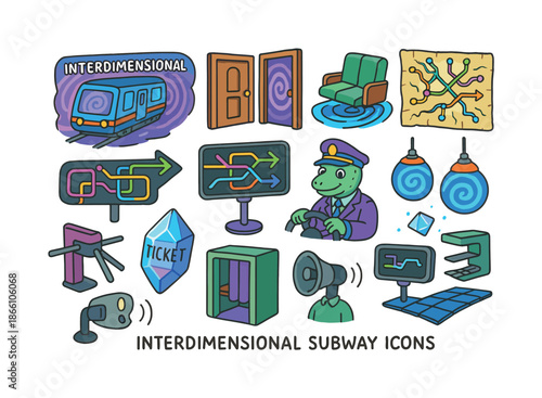 Interdimensional subway flat icon set. featuring train, portal, conductor, ticket, signage, map, and more