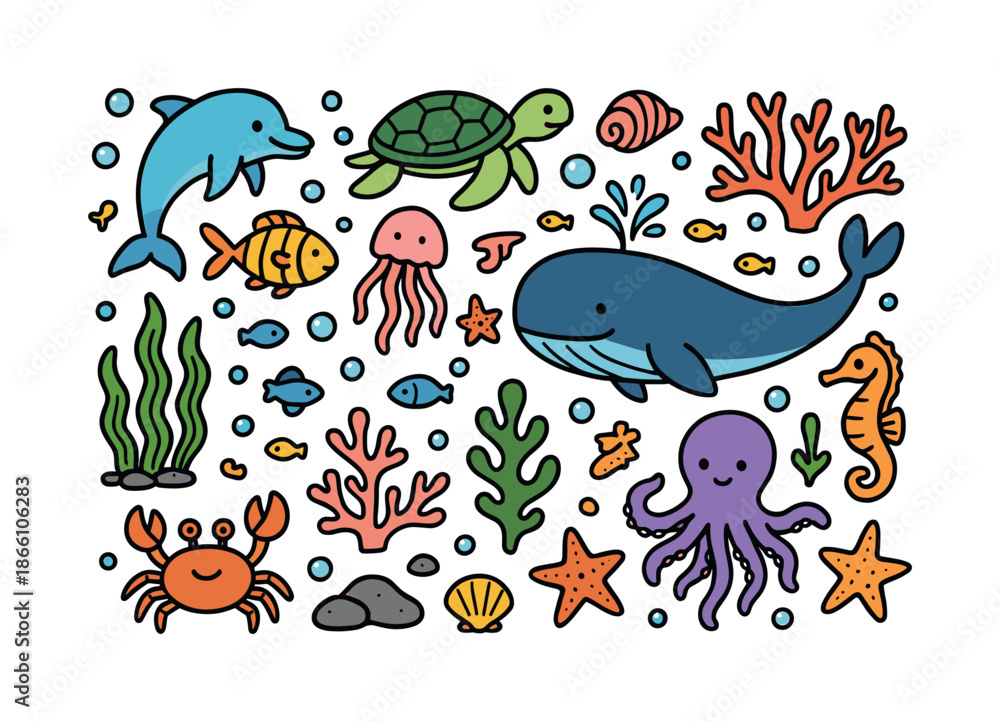 Obraz premium Marine life flat icon set. featuring dolphin, turtle, whale, octopus, crab, seahorse, jellyfish, coral, seaweed, and fish