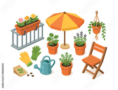 Gardening tools flat icon set. featuring gloves, seeds, watering can, plant pots, outdoor chair, railing planters, hanging plants, and umbrella
