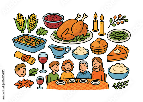 Thanksgiving dinner flat icon set. featuring turkey, corn, cranberry, candles, pie, wine, and family dinner symbols