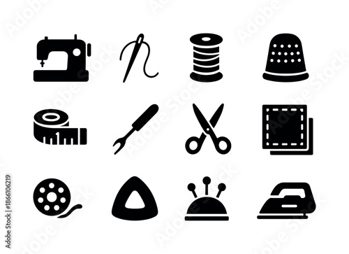 Sewing tools silhouette icon set. featuring sewing machine, needle, thread spool, thimble, tape measure, and scissors