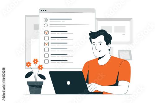 A man sitting at a desk with a laptop and a checklist on the screen, surrounded by office supplies and a potted plant.