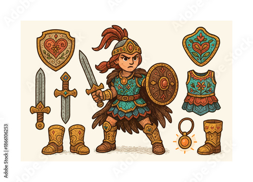 Medieval fantasy warrior flat icon set. featuring sword, shield, armor, boots, and helmet symbols