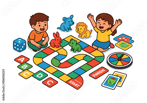 Board games flat icon set. featuring dice, spinner, game pieces, cards, start, finish, alphabet blocks