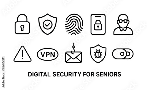 Digital security linear icons set. featuring lock, shield, fingerprint, alert, vpn, phishing, and malware symbols