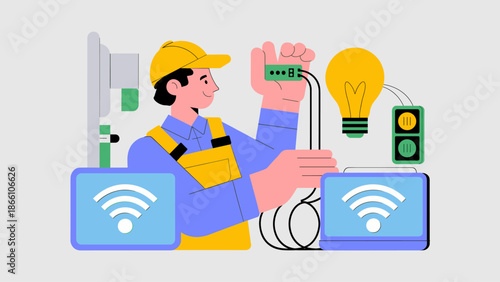 electrician connecting smart home devices vector illustration