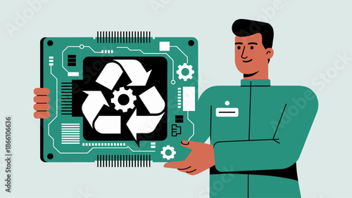 engineer holding a circuit board with a recycling symbol flat vector illustration