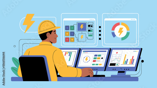 engineer monitoring a power grid on multiple computer screens vector illustration 