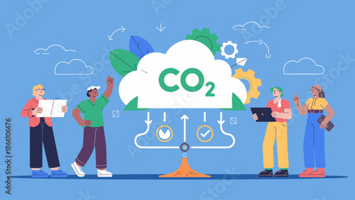 diverse team working on a co2 cloud system flat vector illustration 