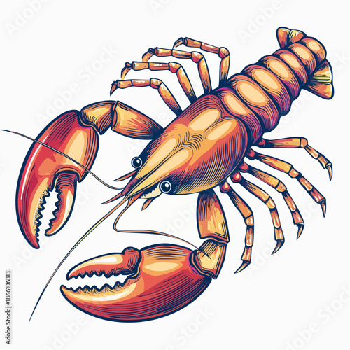 Detailed Illustration Of A Red Orange Lobster With Claws Open On White Background