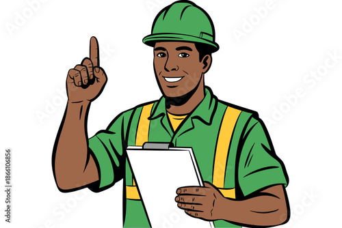 A smiling African American construction worker in a green uniform holding a clipboard and pointing upwards.