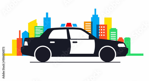 Police car with flashing lights in modern cityscape at night