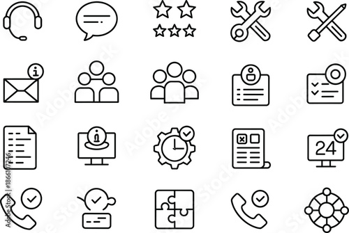 Minimal customer support and service line icon set featuring communication, ratings, teamwork, maintenance, scheduling, help desk interface symbols