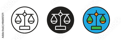 Scales of justice icon within a circular frame. Symbolic of legal technology, algorithmic fairness, and balancing rights in the digital age.
